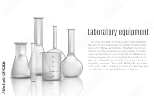 Laboratory glass equipment items with flasks and beakers 3d realistic vector illustration.