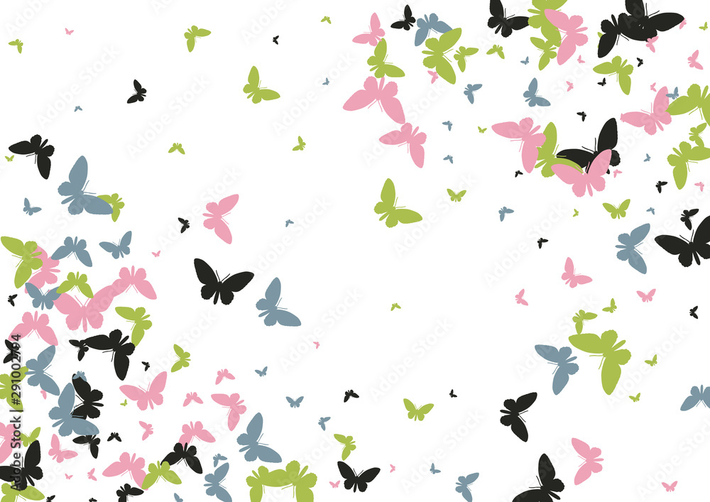 Fototapeta premium Festive butterfly confetti background. Frame vector pattern texture for holiday, postcard, poster, carnival, banner, birthday and children's parties. Butterfly cover mock-up. Wedding butterfly layout