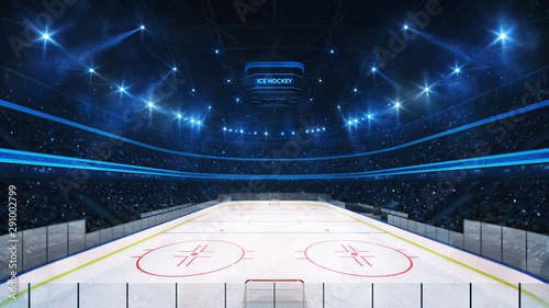 Photography Grand ice hockey rink and illuminated indoor arena with fans, tribune view, prof