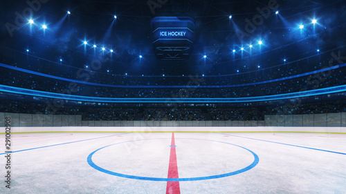 Ice hockey rink and illuminated indoor arena with fans, face off circle view, professional ice hockey sport 3D render