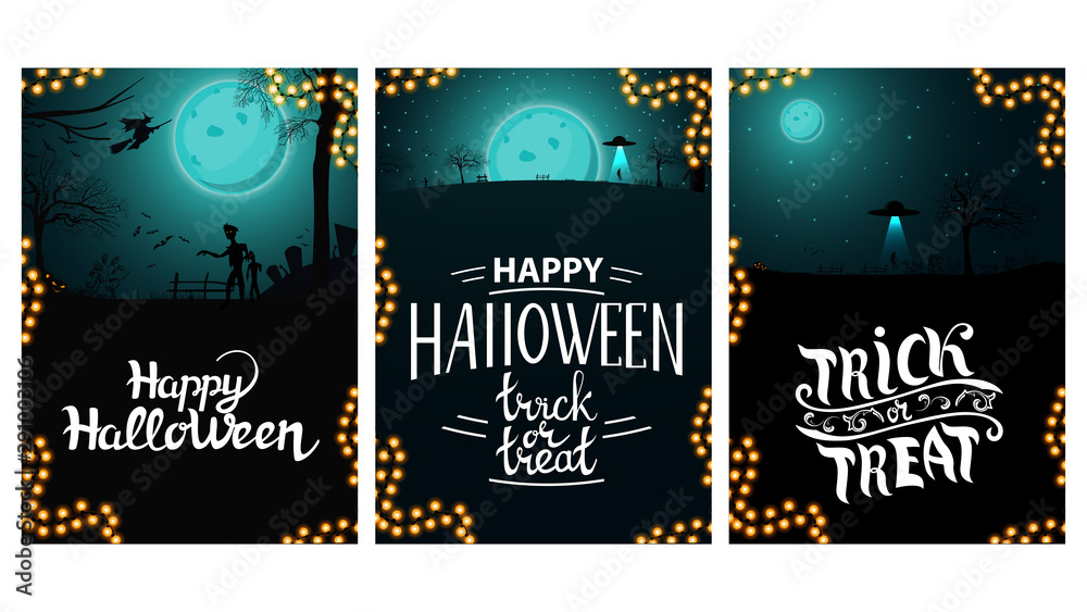 Set Halloween greeting vertical postcard with beautiful Halloween lendscape on background