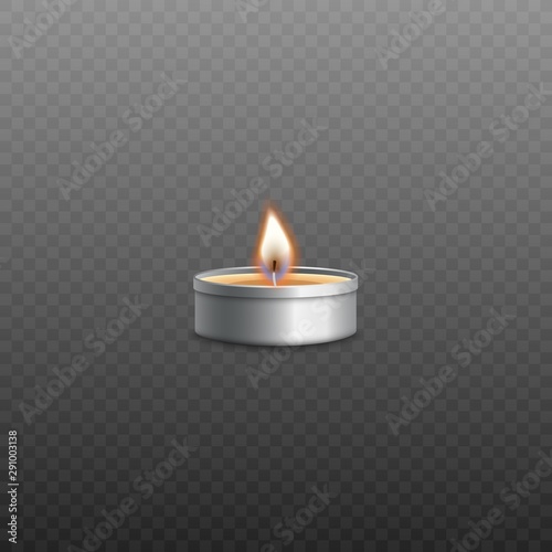 Small tea candle or tealight fire flame realistic vector illustration isolated.