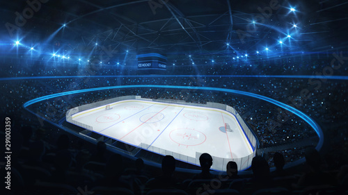 Ice hockey stadium with spotlights and crowd of fans, corner view, professional ice hockey sport 3D render