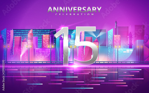 15 years anniversary invitation card. celebration template design with futuristic city. Vector illustration