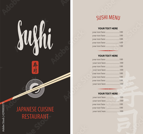 Vector menu for Sushi restaurant with price list, calligraphic inscription Sushi, and chopsticks on a bowl with soy sauce. Japanese cuisine. Hieroglyph Sushi
