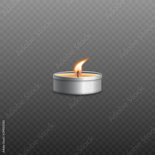 Small burning tea light candle with realistic fire blowing in the wind