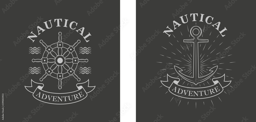 Black and white illustration of a helm banner with text and waves, anchor with rays. Vector illustration on a marine theme. Cruise Advertising