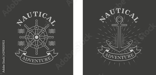 Black and white illustration of a helm banner with text and waves, anchor with rays. Vector illustration on a marine theme. Cruise Advertising