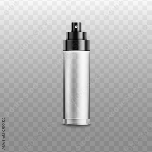 Metal glossy open bottle spray realistic vector mockup illustration isolated.