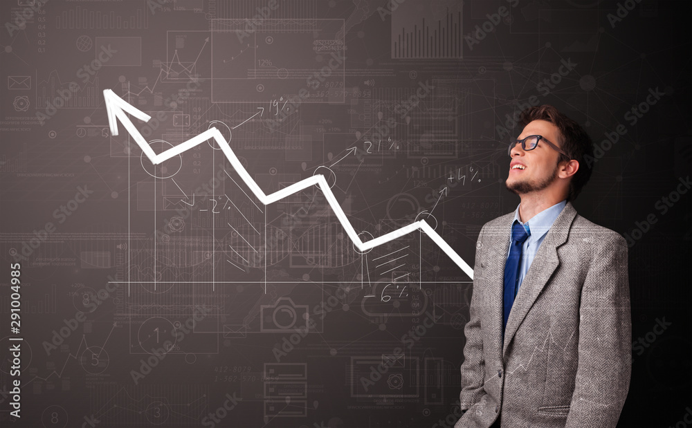 Young person standing with increasing graph concept Young person standing with increasing graph concept