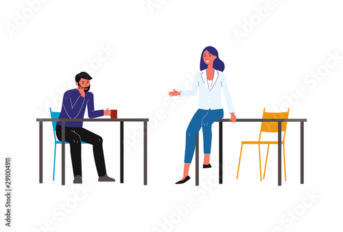 Coffee break - cartoon people in business clothes having casual conversation