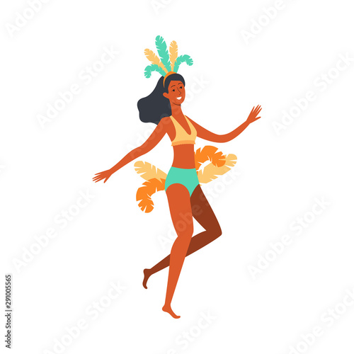 Brazil carnival dancer woman in colorful feather headdress with feather tail