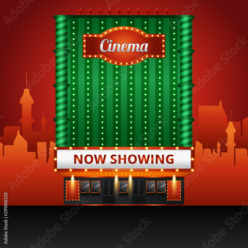 Cinema building vector illustration on background of city. Vector illustration