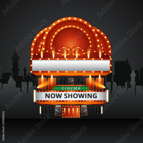 Cinema building vector illustration on background of city. Vector illustration