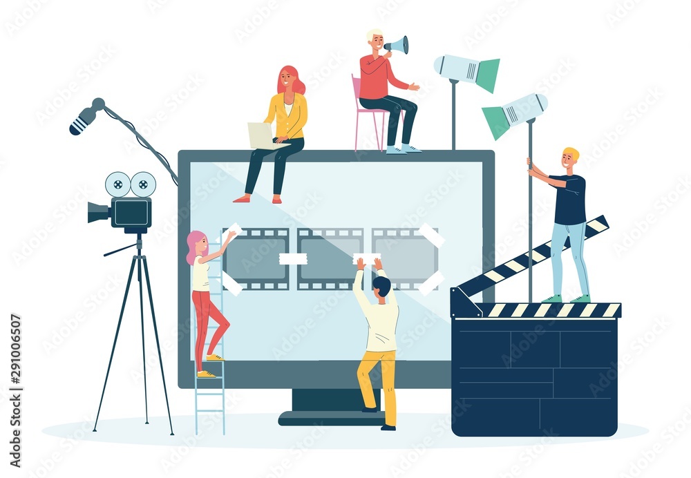 Movie films and video production crew people flat vector illustration isolated.