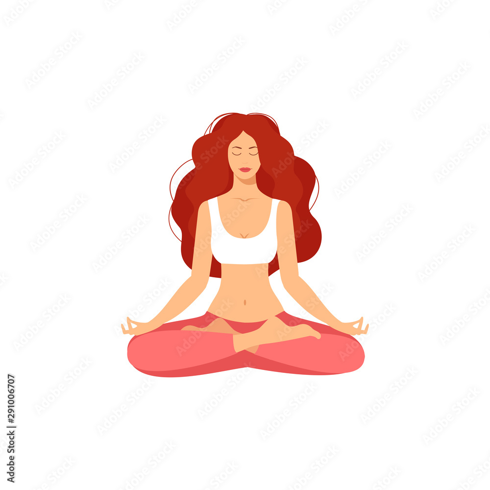 Young woman sitting in yoga lotus pose isolation on the white background. Meditating girl illustration. Yoga woman, meditation, anti-stress people.