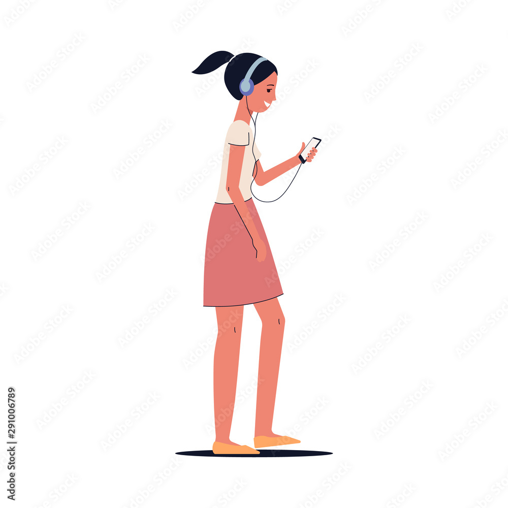 Cartoon girl with headphones walking and listening to music while looking  at phone screen Stock Vector | Adobe Stock