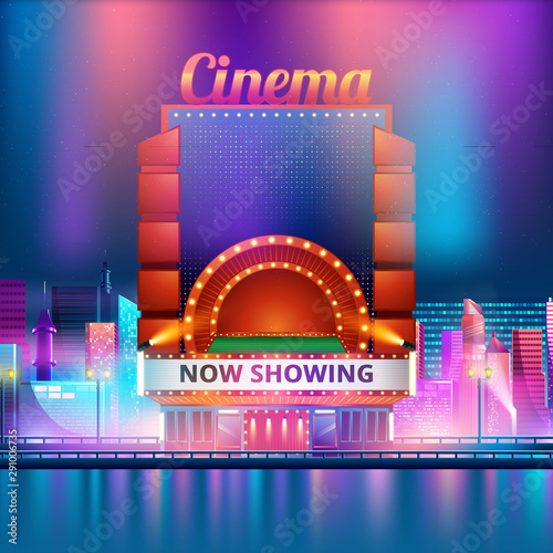 Cinema building vector illustration on background of city. Vector illustration