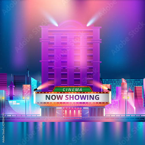 theater cinema building with futuristic city. Vector illustration