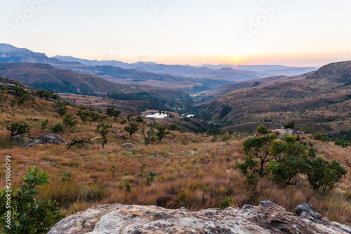 The sun rises over the foothills of the Drakensburg, near Bergville, South Africa