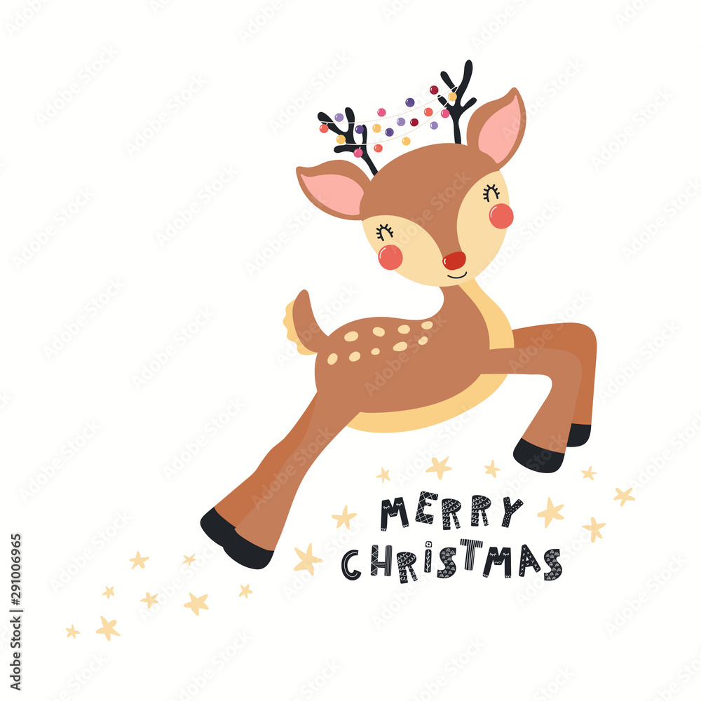 Hand drawn card with cute reindeer with lights garland in the antlers, quote Merry Christmas. Vector illustration. Isolated objects on white. Scandinavian style flat design. Concept for kids print. Hand drawn card with cute reindeer with lights garland in the antlers, quote Merry Christmas. Vector illustration. Isolated objects on white. Scandinavian style flat design. Concept for kids print.