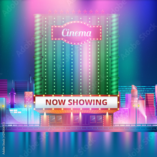 Cinema theatre building exterior. Movie entrance with retro light marquee banner vector illustration