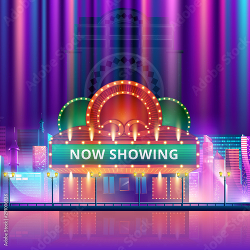 Cinema theatre building exterior. Movie entrance with retro light marquee banner vector illustration