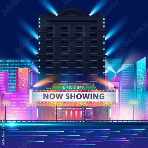 Cinema theatre building exterior. Movie entrance with retro light marquee banner vector illustration
