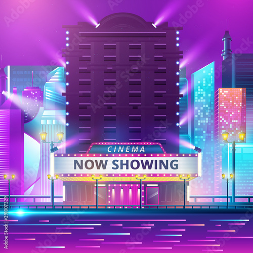 Cinema theatre building exterior. Movie entrance with retro light marquee banner vector illustration
