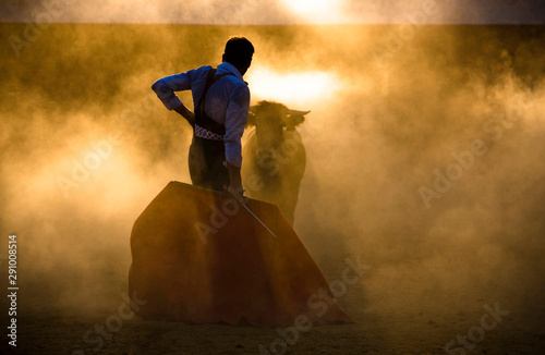 Spanish toreador fighting a heifer during one summer evening in a tentadero photo