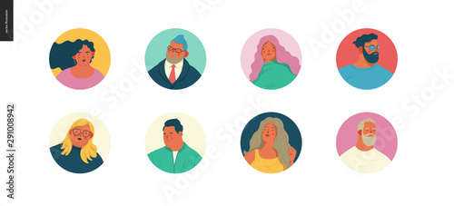 Body positive portraits set - hand drawn flat style vector design concept illustration of men and women, male and female faces and shoulders avatars. Flat style vector icons set