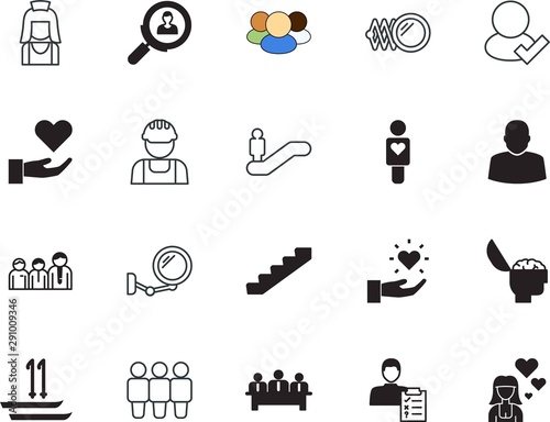 people vector icon set such as: employer, communication, workplace, hat, universal, test, choose, mind, privacy, road, nurse, talent, choice, craftsmen, character, escalate, resource, mark