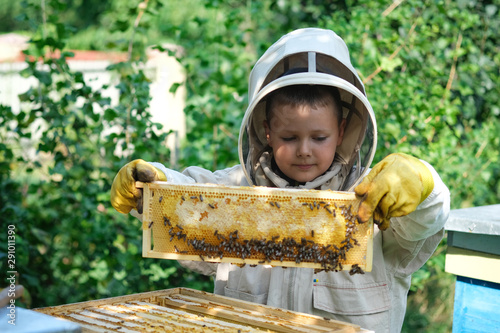 Cheerful boy beekeeper in protective suit near beehive. Honeycomb with honey. Organic food concept. The most useful organic honey. Attracting children to beekeeping. © kosolovskyy