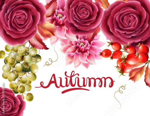 Watercolor rose flowers, grapes, berries and autumn leaves greeting card vect...