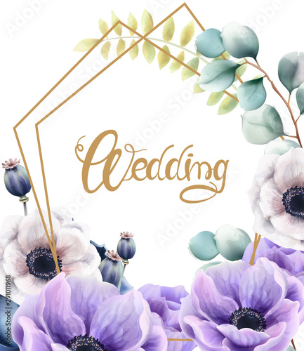 Watercolor flowers and leaves wedding greeting card vector. Floral bouquet decor