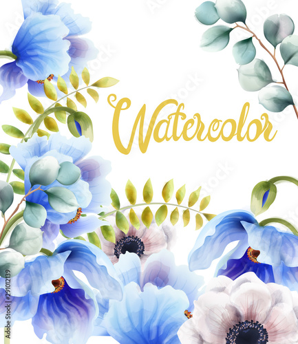 Watercolor blue flowers and leaves greeting card vector. Floral bouquet decor