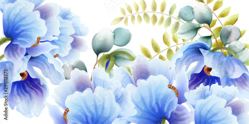 Watercolor blue flowers and leaves background vector. Floral bouquet decor