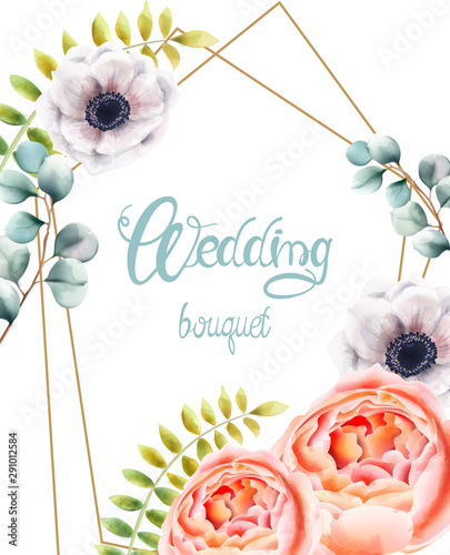 Watercolor blue flowers and leaves greeting card wreath vector. Floral bouque...