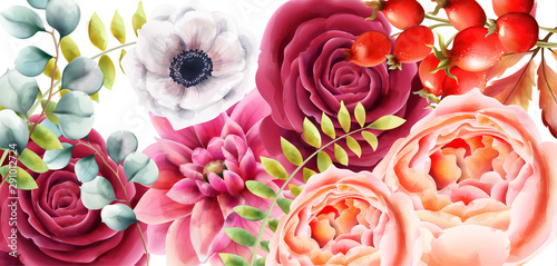 Watercolor rose flowers, berries and leaves autumn background vector. Floral ...