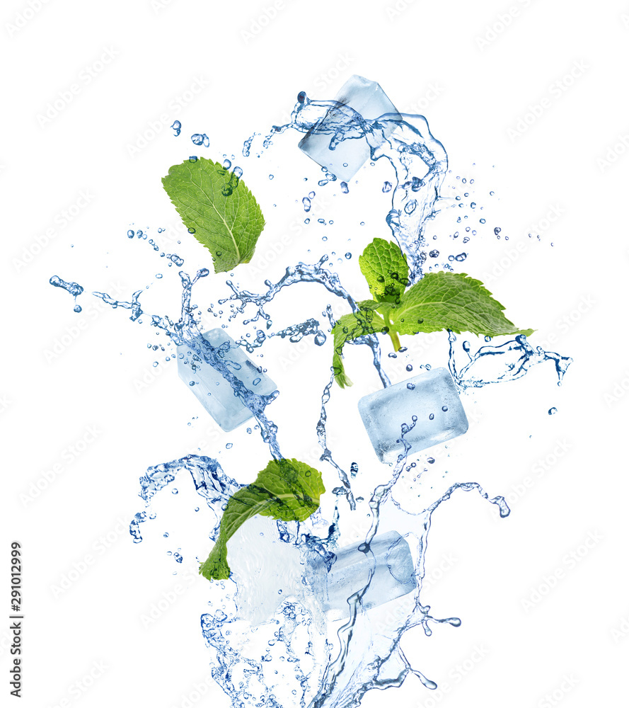 Crystal clear ice cubes, mint and splashing water on white background - obrazy, fototapety, plakaty 