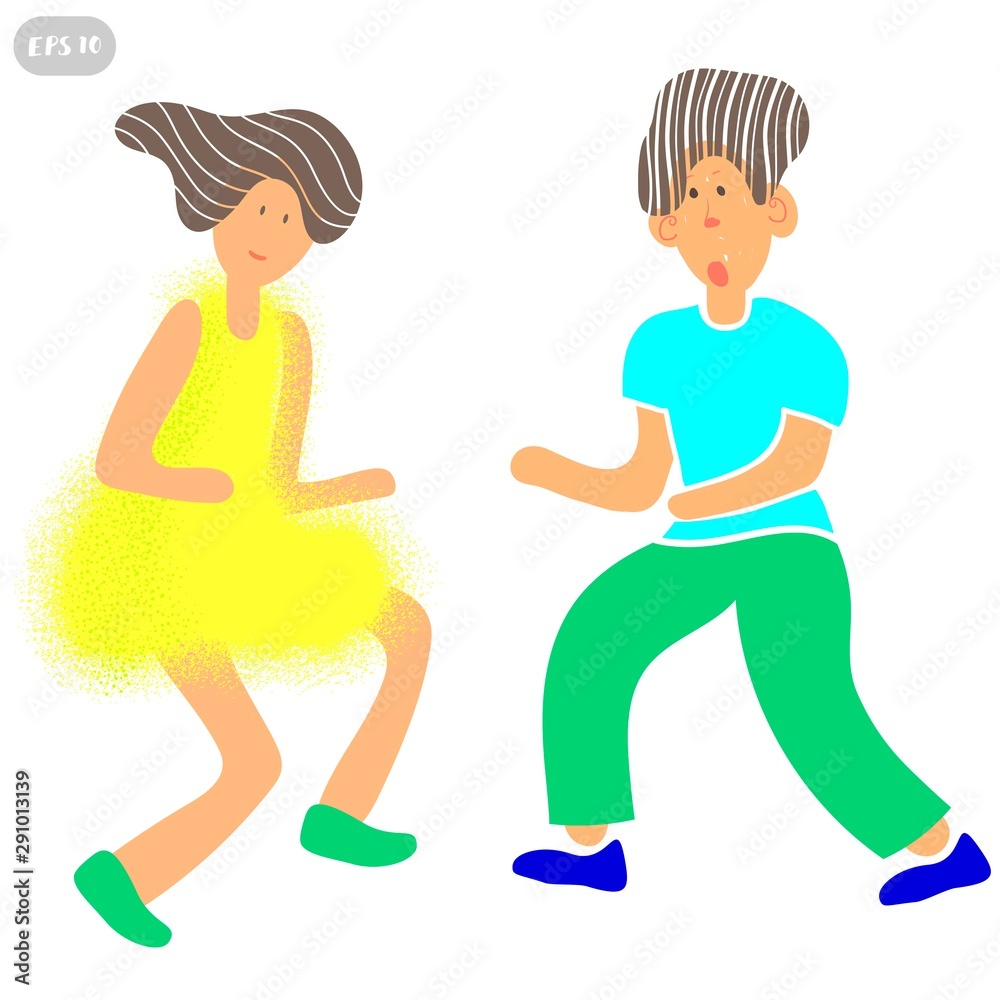 A dancing couple spends time together. Happy cartoon people characters in retro 50s style. Romantic characters people activities illustration. Flat simple vector illustration. Stock Vector