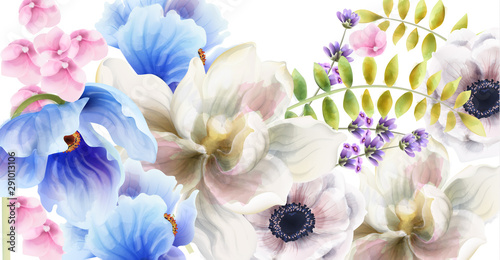 Watercolor flowers and leaves background vector. Floral bouquet decor