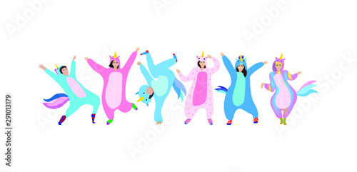 Set of men and women dressed in unicorn pajamas or kigurumi. Celebration. Vector illustration.