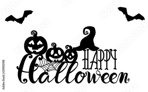 Happy halloween with pumpkins, witch hat and bats background vector