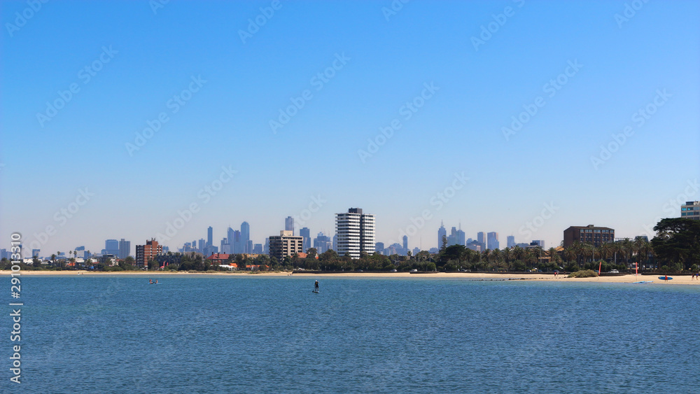 View at the beach of St. Kilda and skyline of Melbourne from St. Kilda Pier, Australia