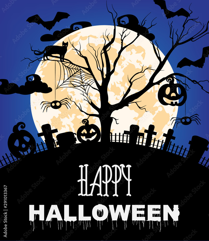 Happy halloween with cats, pumpkins, cemetery and bats. Full moon. Blue background vector
