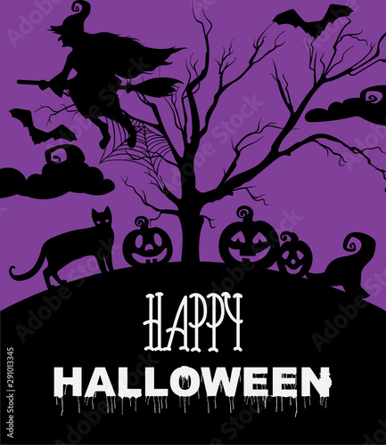 Happy halloween with Flying Witch, cats, pumpkins, cemetery and bats. Purple ...