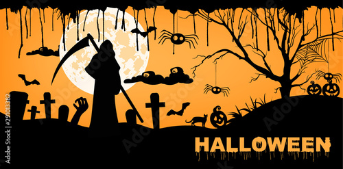 Happy halloween with Grim Reaper death, pumpkins, cemetery and bats. Yellow b...