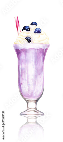Watercolour sweet blueberry milkshake hand drawn illustration