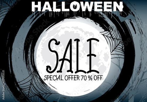 Halloween special offer sale with full moon, spider web and trees. Holiday ba...